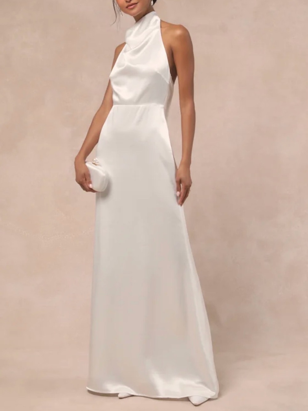 Lulus Meliana White Satin Halter Backless Maxi Dress - Size M